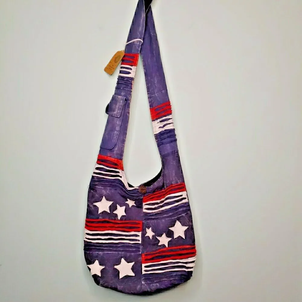 Americana HOBO BAG Large Crossbody Patriotic Shredded Stone Wash Patchwork Purse